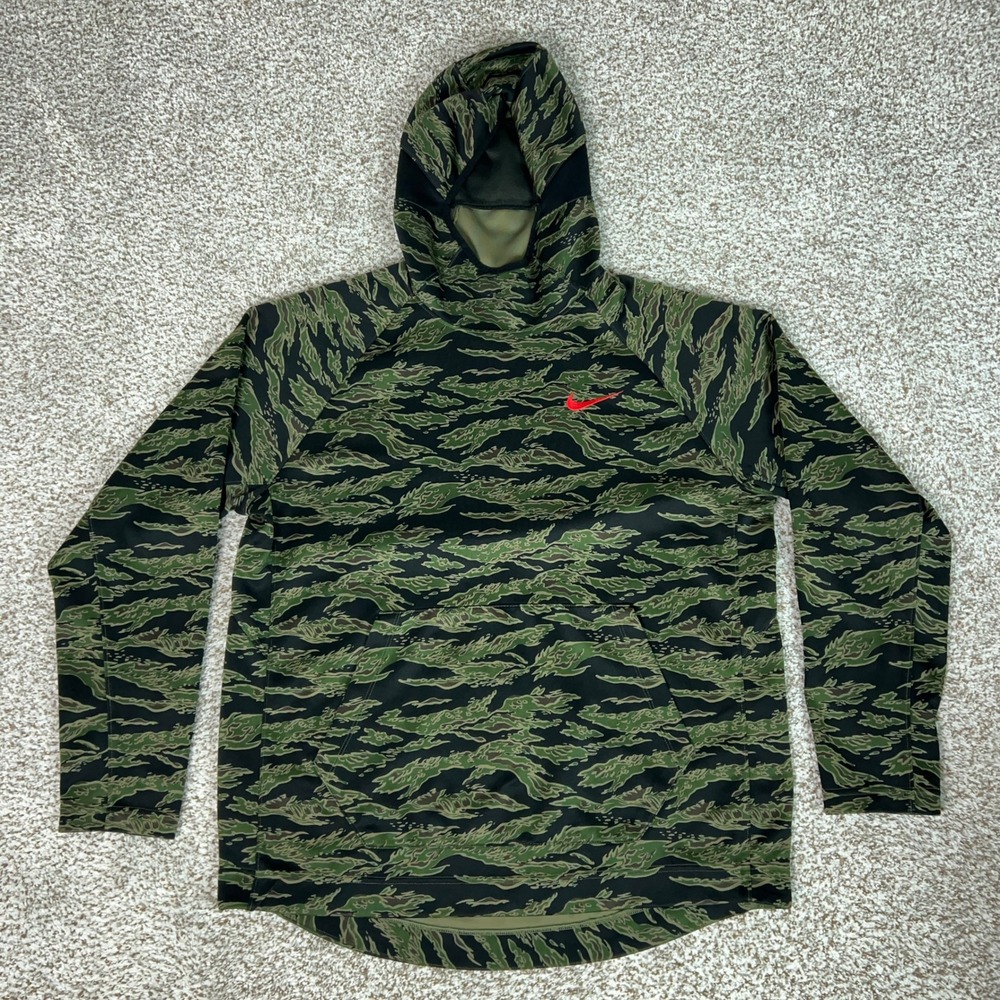 Nike Hoodie Mens XL Green Camo Dri-FIT Sweatshirt Lightweight Tiger Stripe Gym